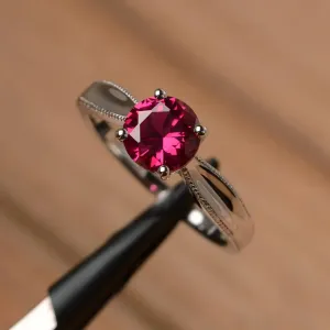 Cute Lab Created Round Cut Ruby SImple Solitaire Rings - 925 Sterling Silver Rings