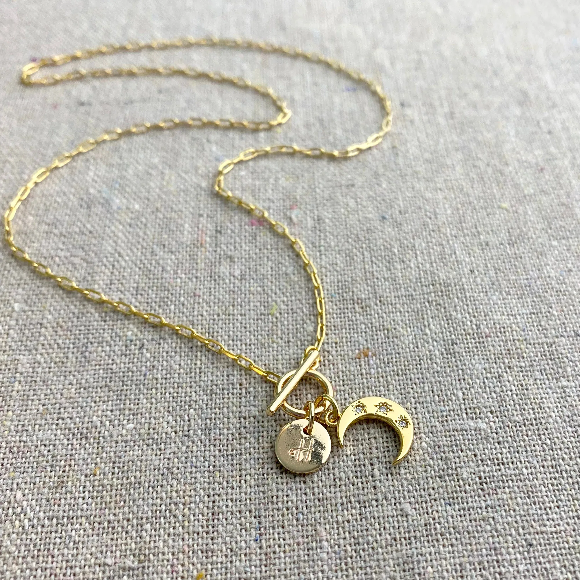 Dainty Crescent Initial Toggle Necklace