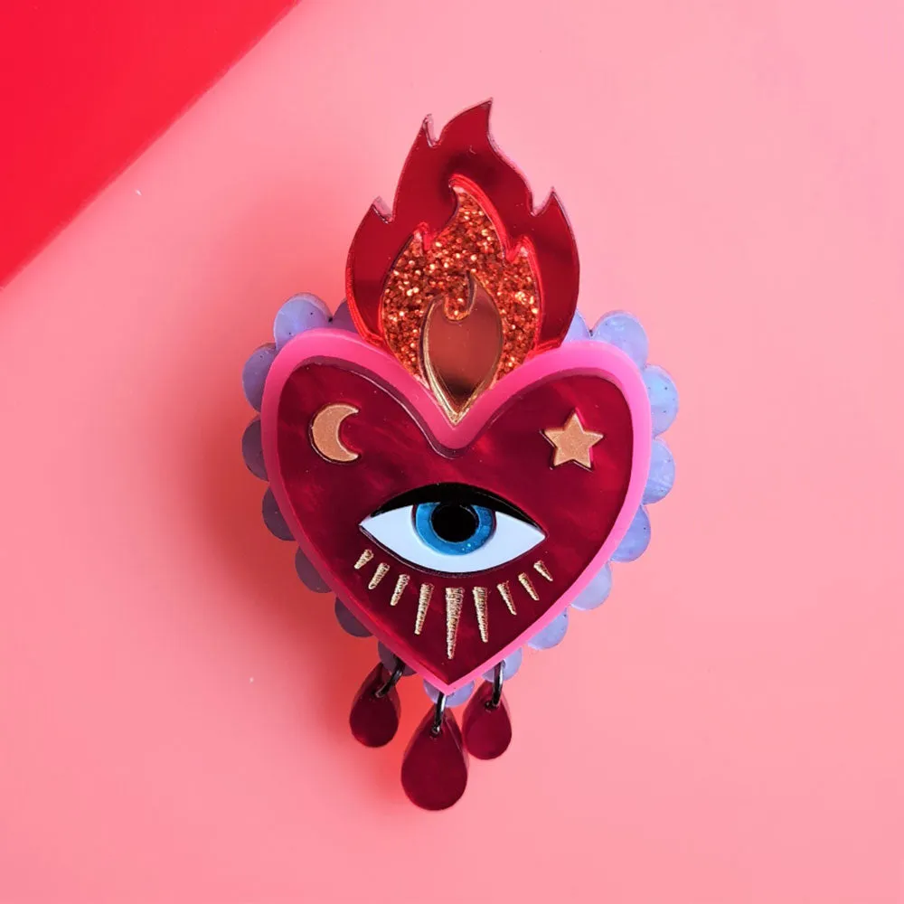 Flaming Heart Statement Brooch by Cherryloco