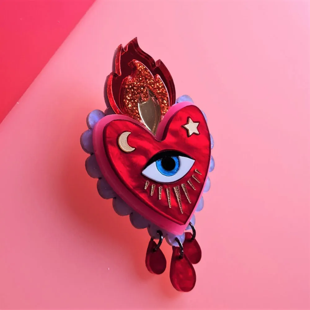 Flaming Heart Statement Brooch by Cherryloco