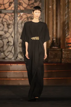 GATHERED CAFTAN WITH EMBROIDERED LEAF DETAIL