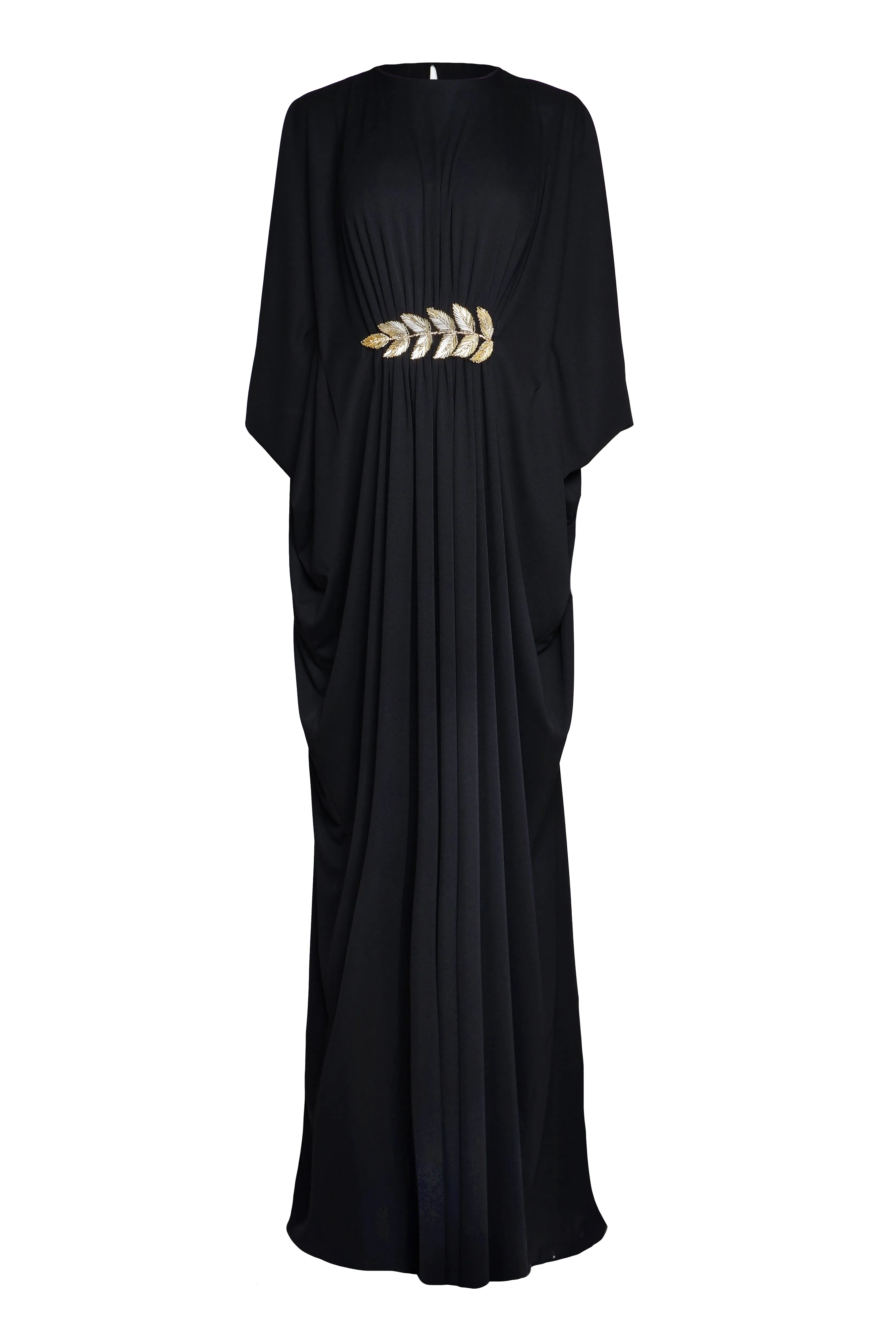 GATHERED CAFTAN WITH EMBROIDERED LEAF DETAIL