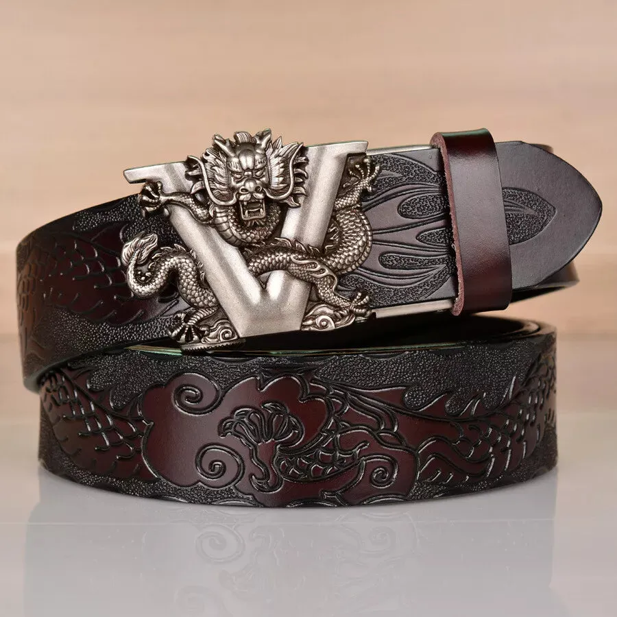 Genuine Leather Men Belt Designer Dragon V Buckle Cowboy Luxury Belts for Men