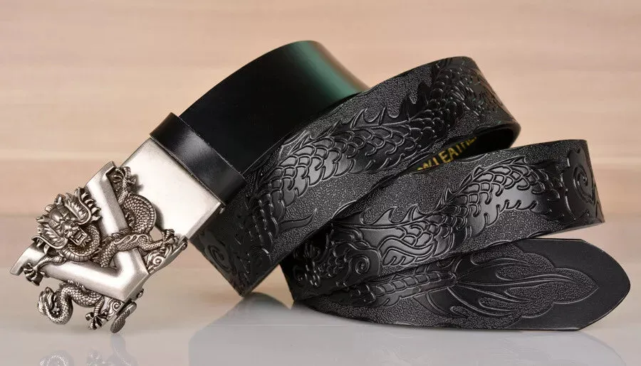 Genuine Leather Men Belt Designer Dragon V Buckle Cowboy Luxury Belts for Men