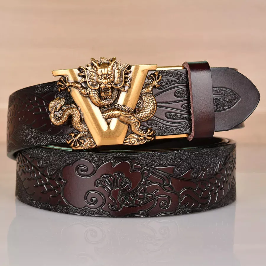 Genuine Leather Men Belt Designer Dragon V Buckle Cowboy Luxury Belts for Men