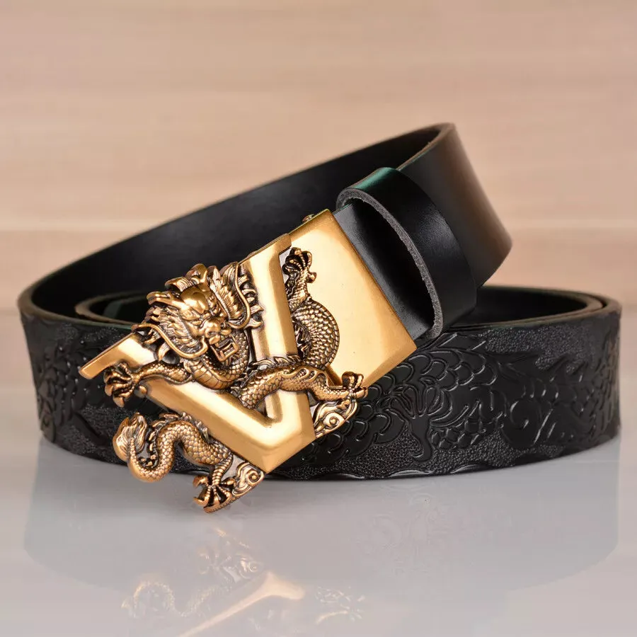 Genuine Leather Men Belt Designer Dragon V Buckle Cowboy Luxury Belts for Men