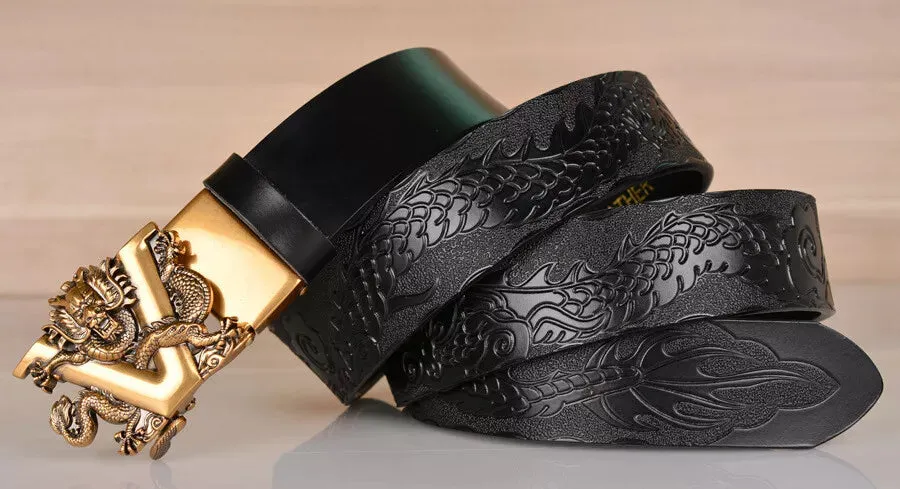 Genuine Leather Men Belt Designer Dragon V Buckle Cowboy Luxury Belts for Men