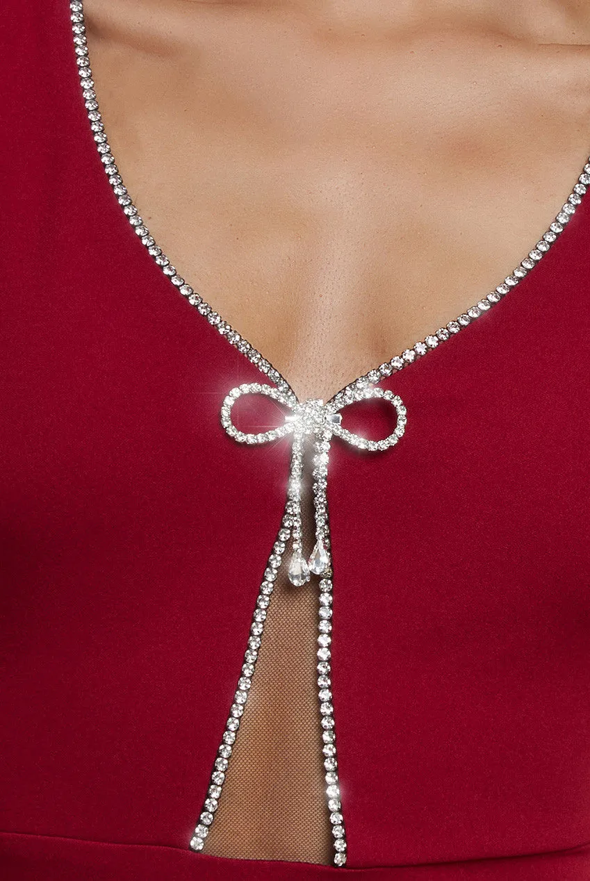 Goddiva Diamante Embellished Bow Scuba Crepe Maxi Dress