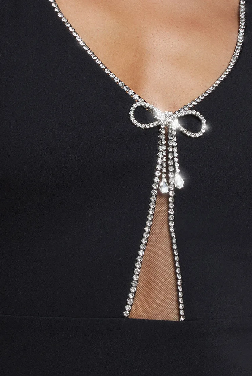Goddiva Diamante Embellished Bow Scuba Crepe Maxi Dress