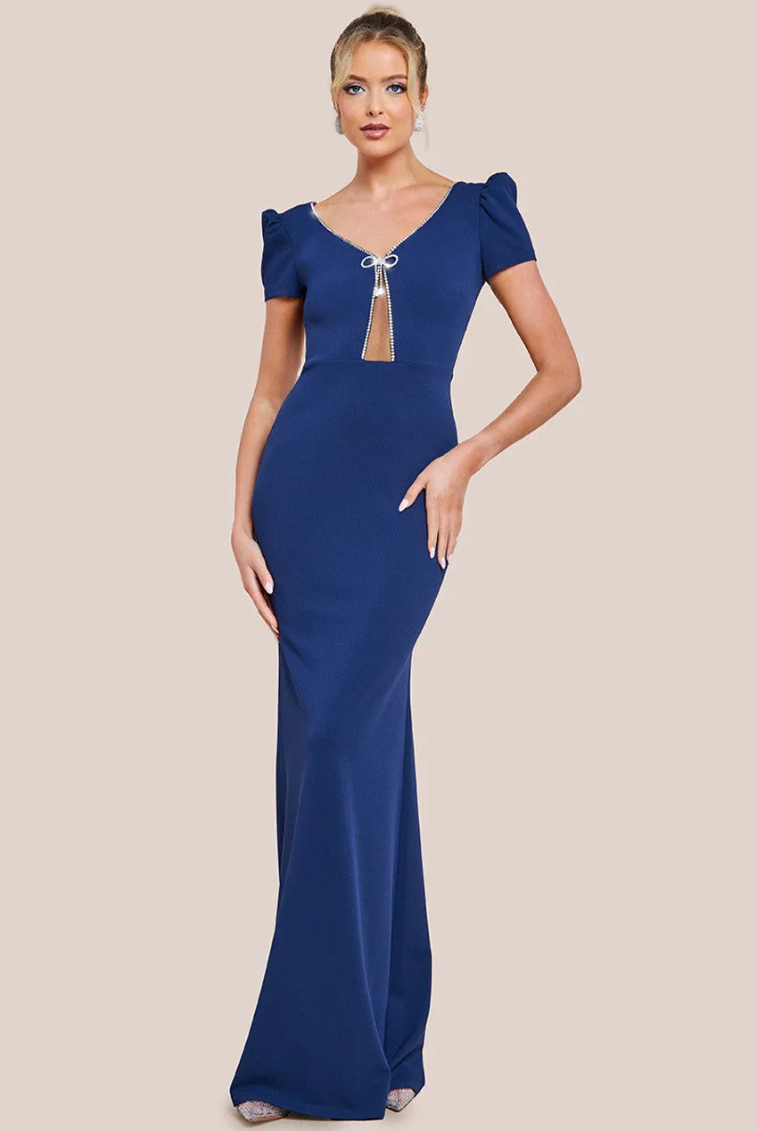 Goddiva Diamante Embellished Bow Scuba Crepe Maxi Dress