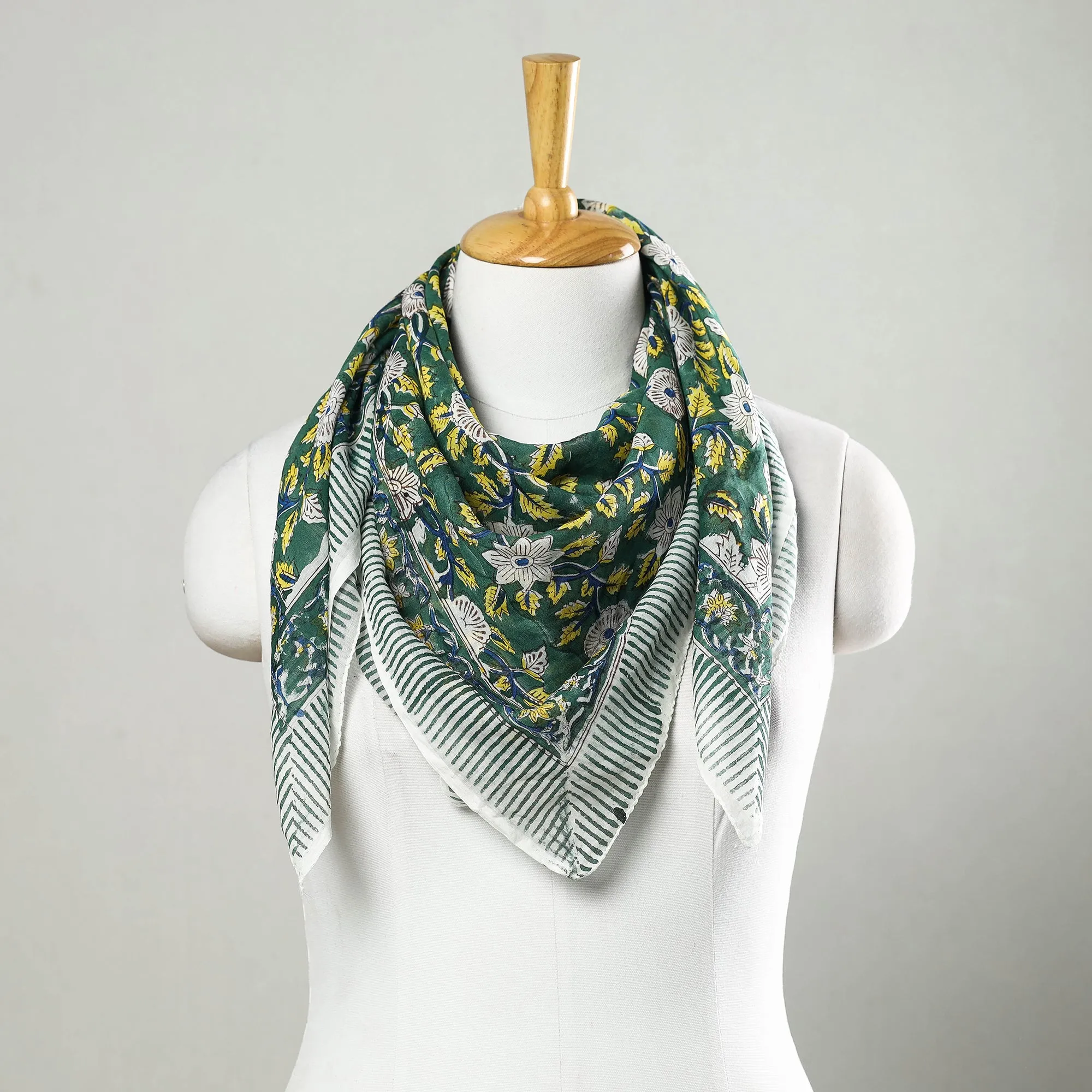 Green - Sanganeri Block Printed Mul Cotton Scarf