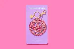 Keychain - Happy Face - Pink   Silver Confetti