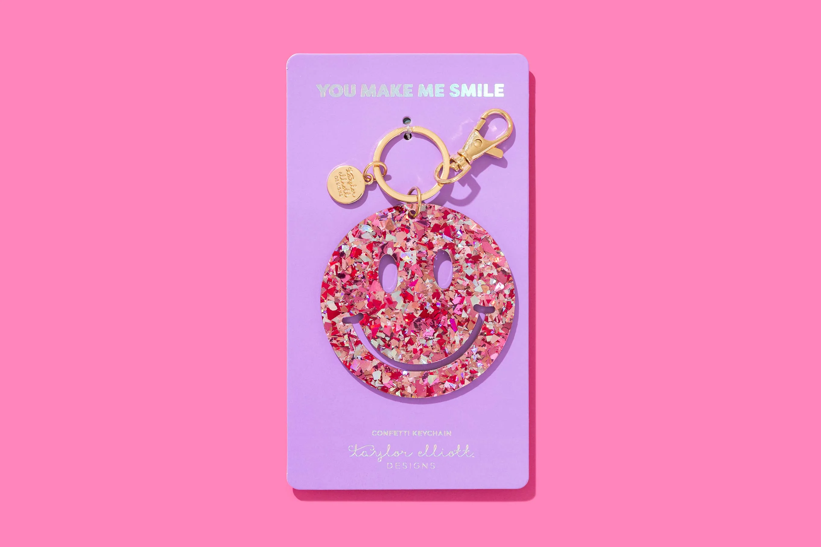 Keychain - Happy Face - Pink   Silver Confetti