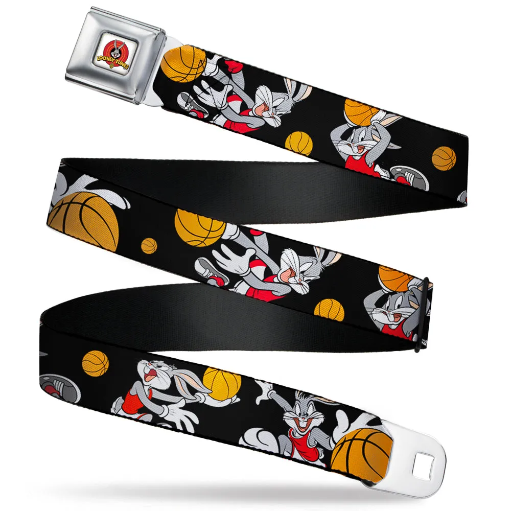 Looney Tunes Logo Full Color White Seatbelt Belt - Bugs Bunny 4-Basketball Poses Black Webbing