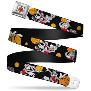 Looney Tunes Logo Full Color White Seatbelt Belt - Bugs Bunny 4-Basketball Poses Black Webbing