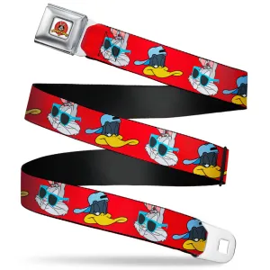 Looney Tunes Logo Full Color White Seatbelt Belt - Bugs Bunny & Daffy Duck Hip Hop Expression Red Webbing