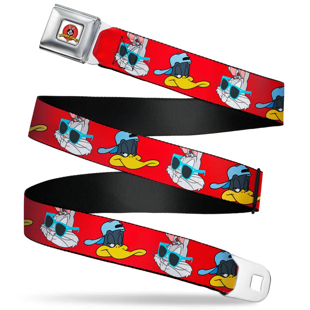 Looney Tunes Logo Full Color White Seatbelt Belt - Bugs Bunny & Daffy Duck Hip Hop Expression Red Webbing