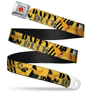 Looney Tunes Logo Full Color White Seatbelt Belt - DAFFY DUCK w/Poses Yellow/Black Webbing