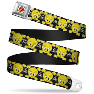 Looney Tunes Logo Full Color White Seatbelt Belt - Tweety Bird & Crossbones Black/White/Yellow Webbing
