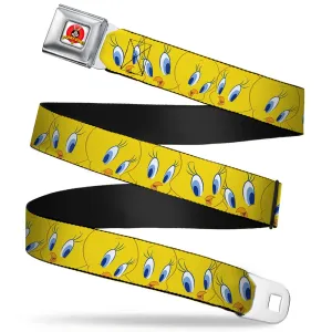 Looney Tunes Logo Full Color White Seatbelt Belt - Tweety Bird Expressions Yellow Webbing