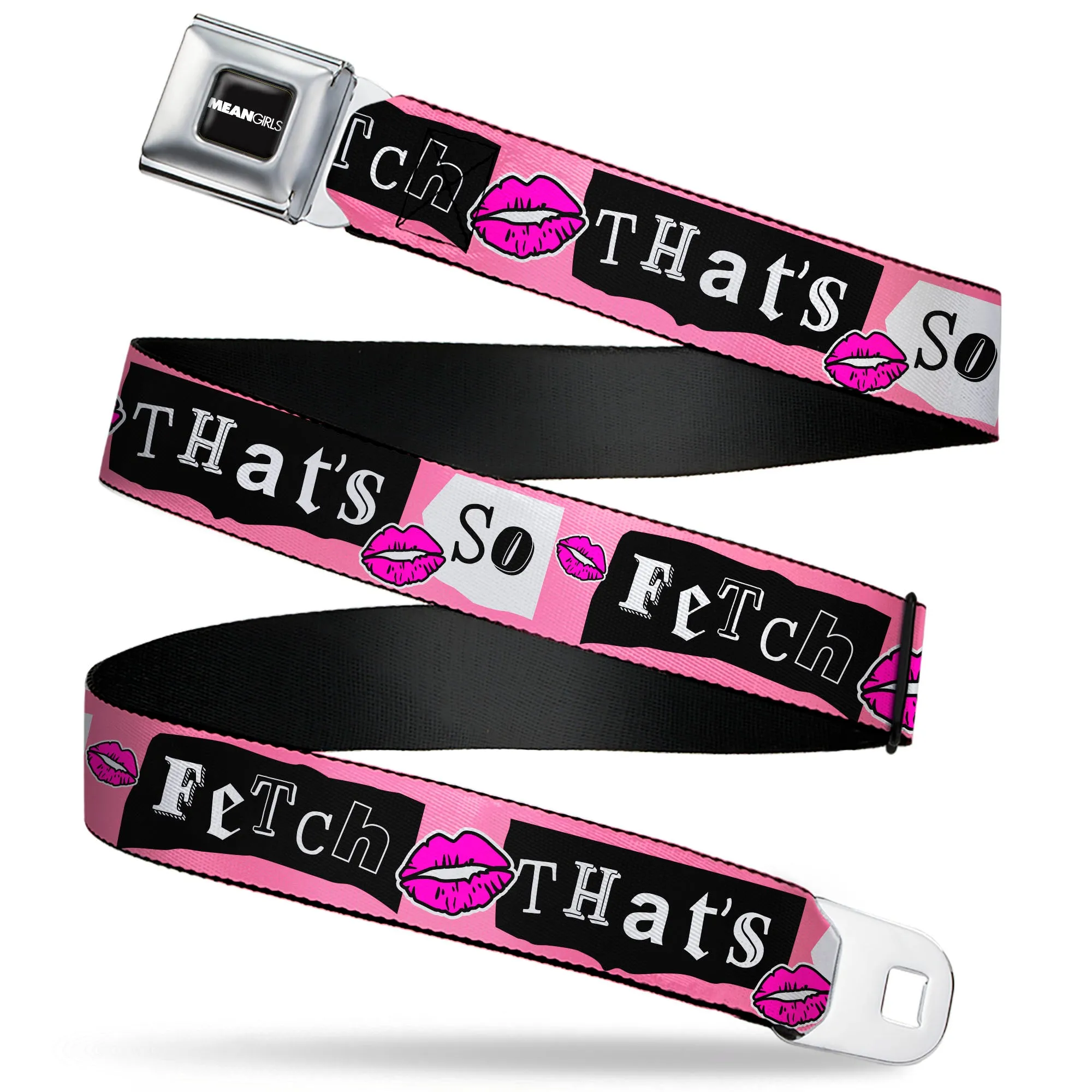 MEAN GIRLS Title Logo Full Color Black/White Seatbelt Belt - Mean Girls THAT'S SO FETCH Collage Pink/Black/White Webbing