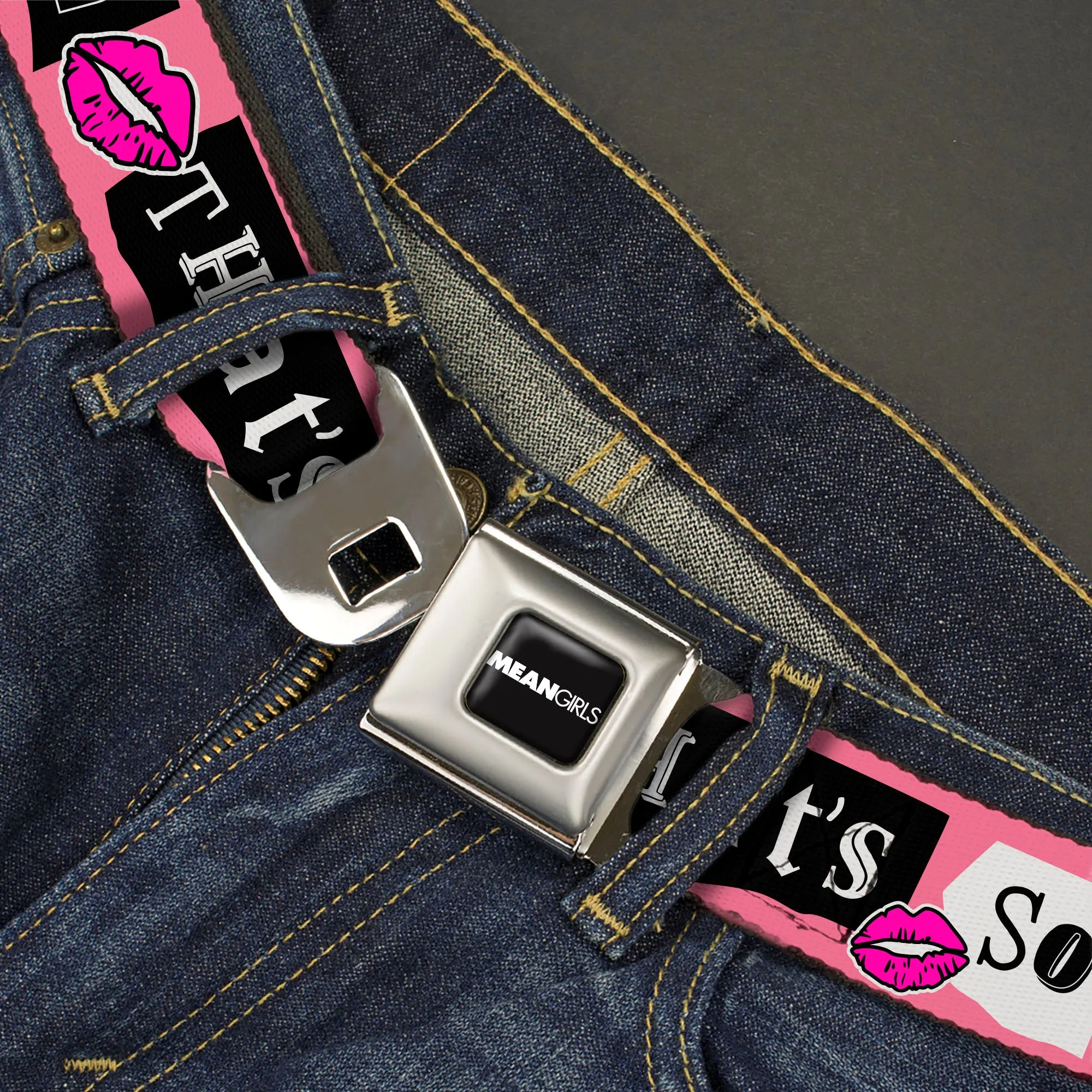 MEAN GIRLS Title Logo Full Color Black/White Seatbelt Belt - Mean Girls THAT'S SO FETCH Collage Pink/Black/White Webbing