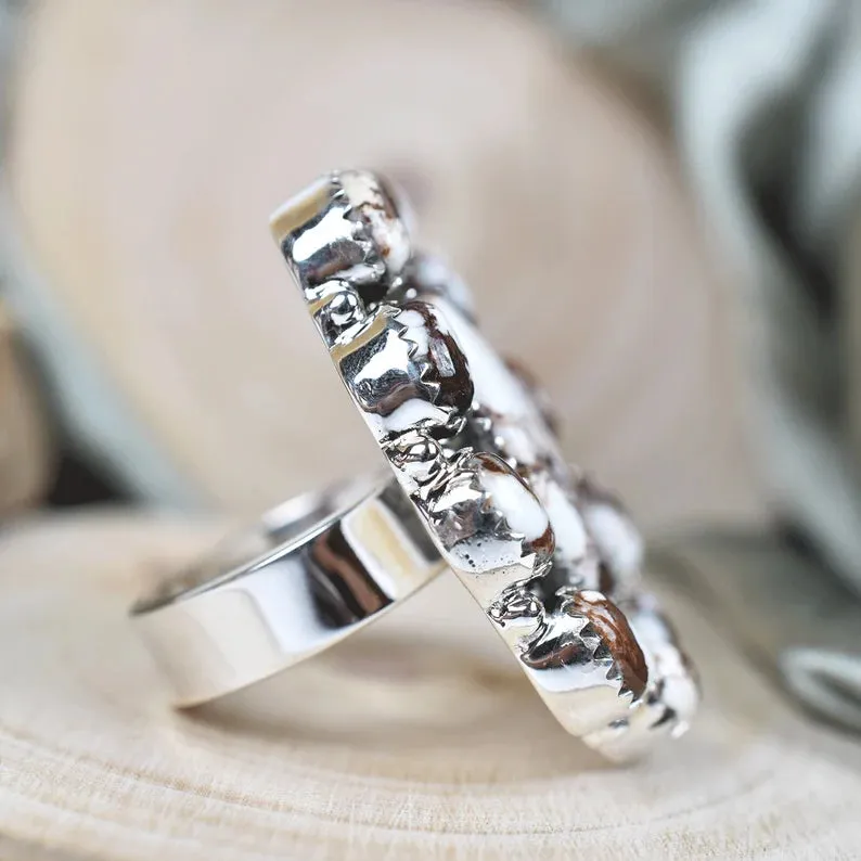 Native American Wild Horse Magnesite Cluster 925 Sterling Silver  Rings