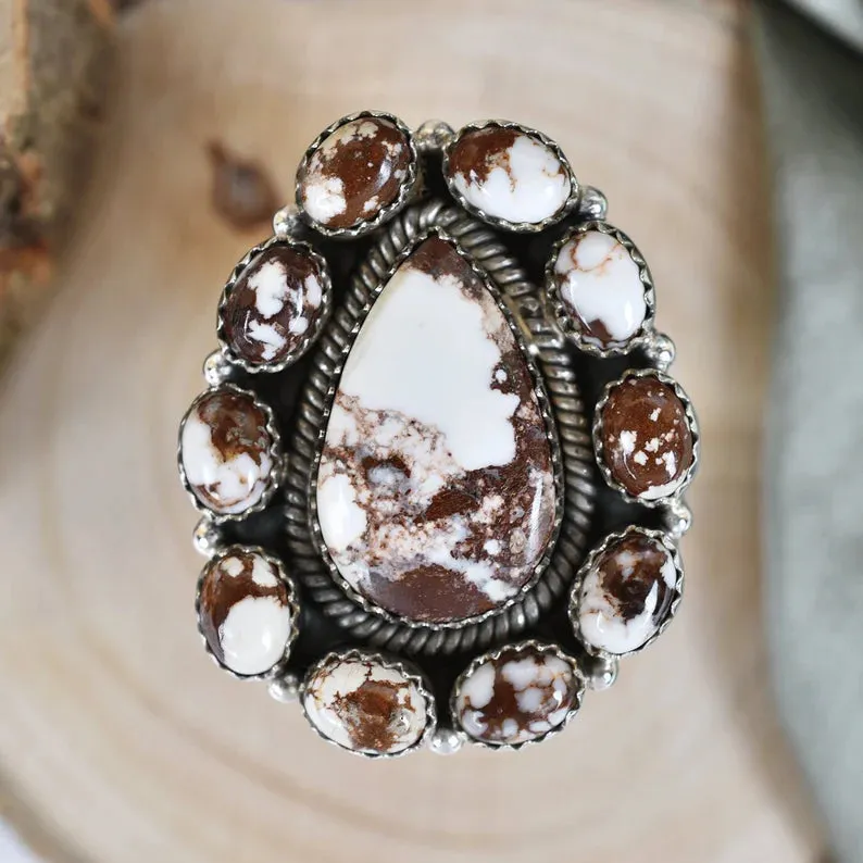 Native American Wild Horse Magnesite Cluster 925 Sterling Silver  Rings