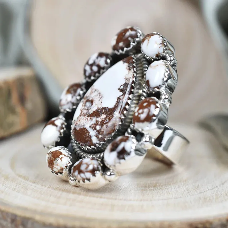Native American Wild Horse Magnesite Cluster 925 Sterling Silver  Rings