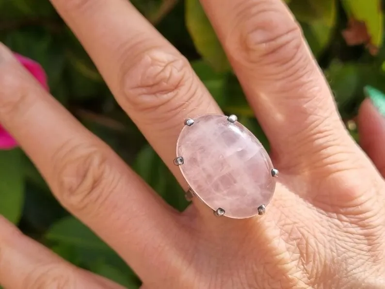Natural Oval Cut Rose Quartz Six Prong Solitaire Promise Ring - 925 Sterling Silver Rings