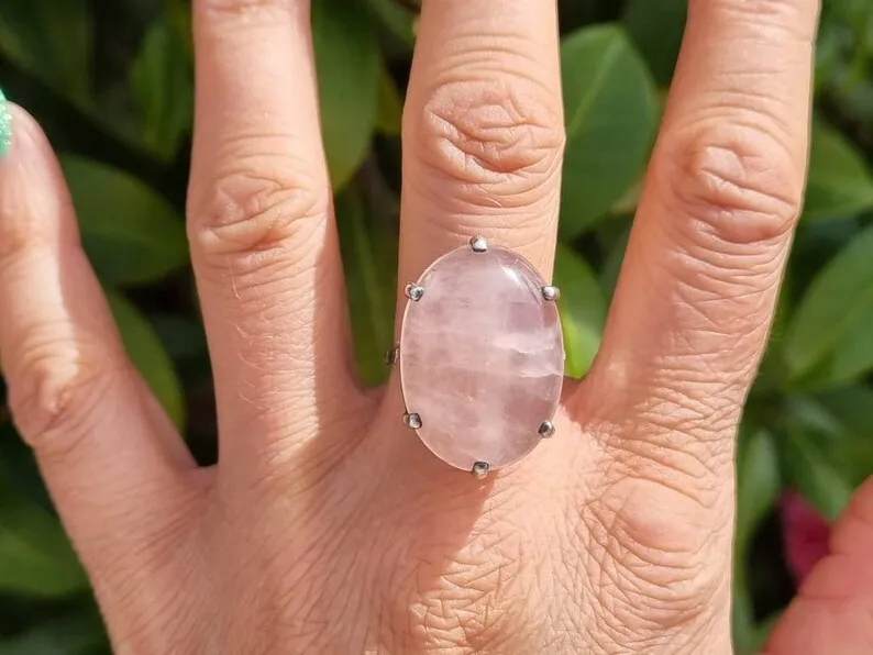Natural Oval Cut Rose Quartz Six Prong Solitaire Promise Ring - 925 Sterling Silver Rings