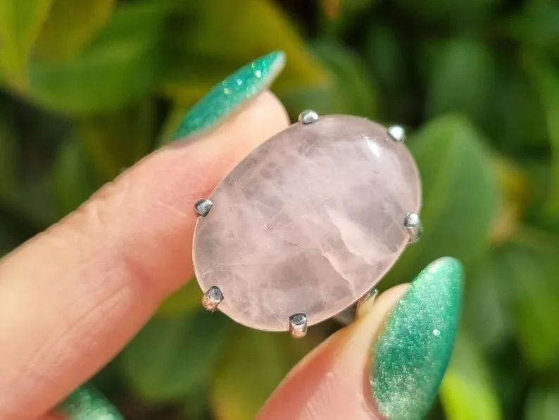Natural Oval Cut Rose Quartz Six Prong Solitaire Promise Ring - 925 Sterling Silver Rings