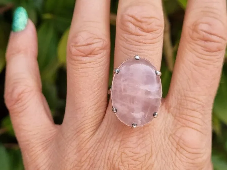 Natural Oval Cut Rose Quartz Six Prong Solitaire Promise Ring - 925 Sterling Silver Rings