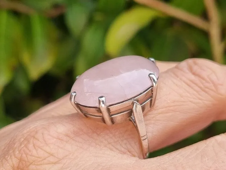 Natural Oval Cut Rose Quartz Six Prong Solitaire Promise Ring - 925 Sterling Silver Rings