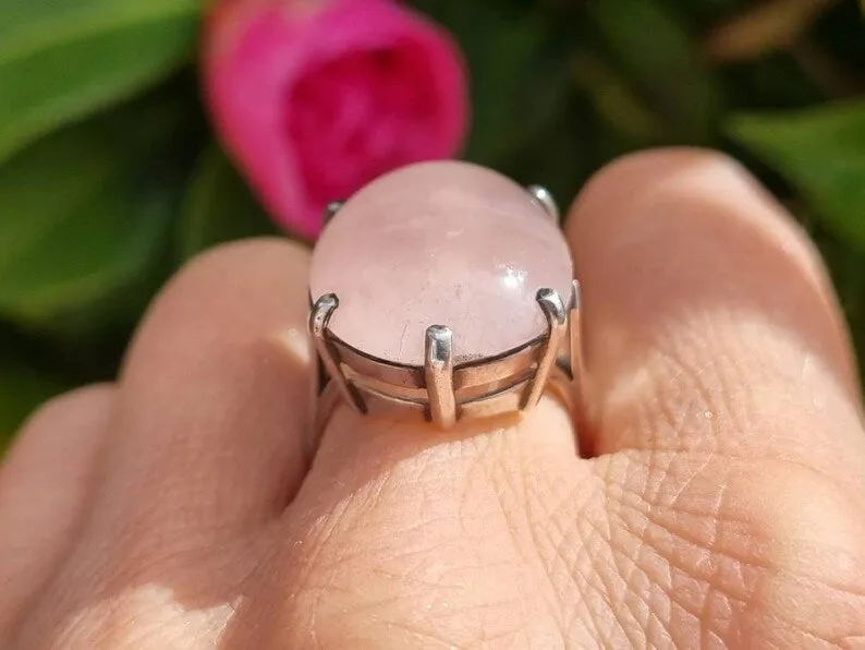 Natural Oval Cut Rose Quartz Six Prong Solitaire Promise Ring - 925 Sterling Silver Rings