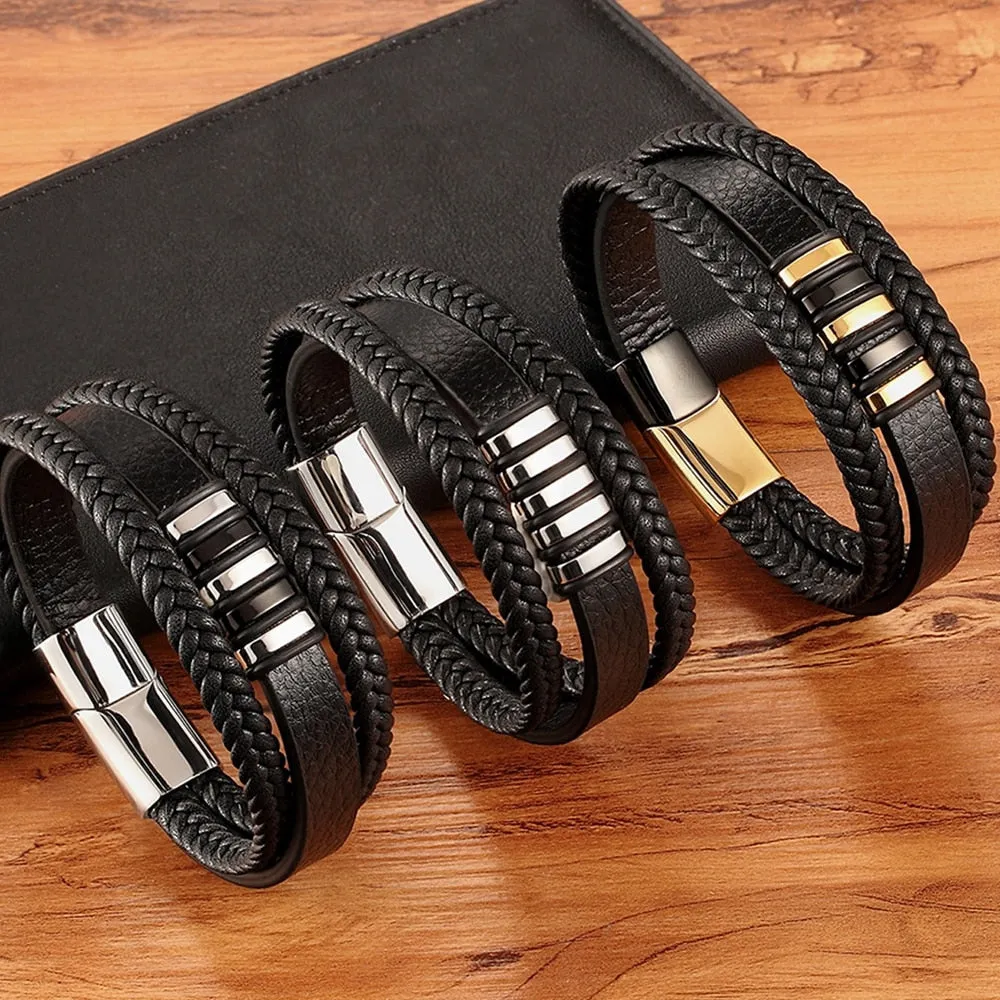 New 3 Layers Black Gold Punk Style Design Genuine Leather Bracelet for Men Steel Magnetic Button Birthday Gift Male Bracelets
