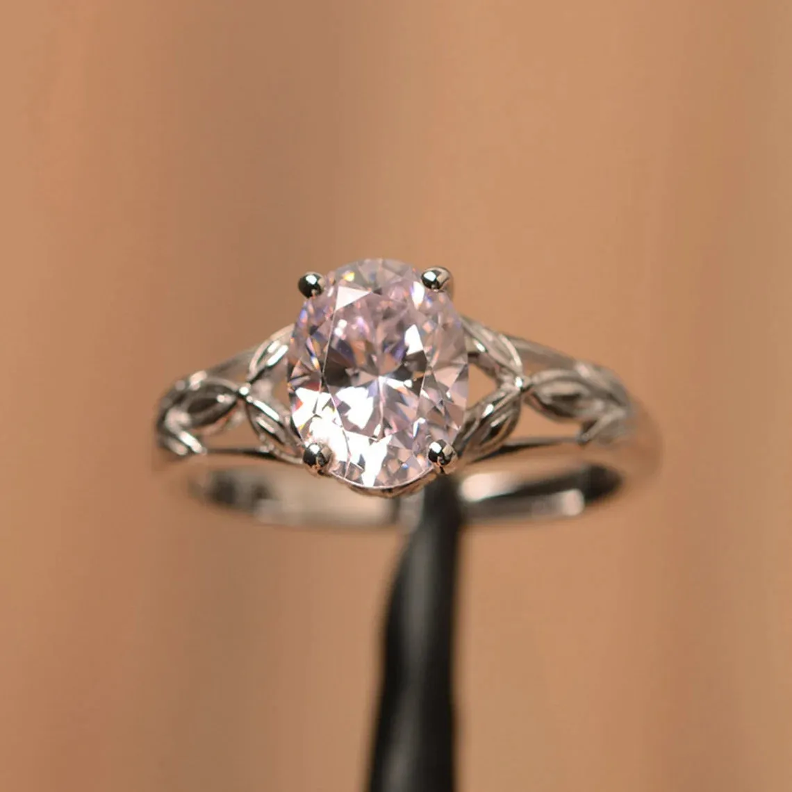 Pink Cubic Zirconia Oval Cut Solitaire Statement Ring - 925 Sterling Silver Ring