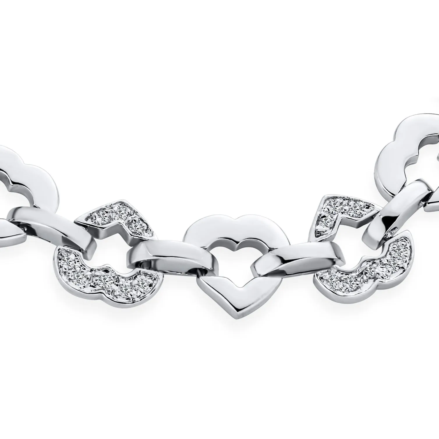 Romantic Bridal Tennis Bracelet with CZ Open Heart Shapes Silver Plated 7 Inch