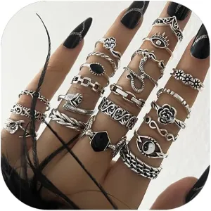 Rrdaily Vintage Knuckle Rings for Women Chunky Black Silver Ring Set Adjustable Finger Stackable Rings Goth Punk Grunge Snake Ring Boho Y2k Accessories Jewelry