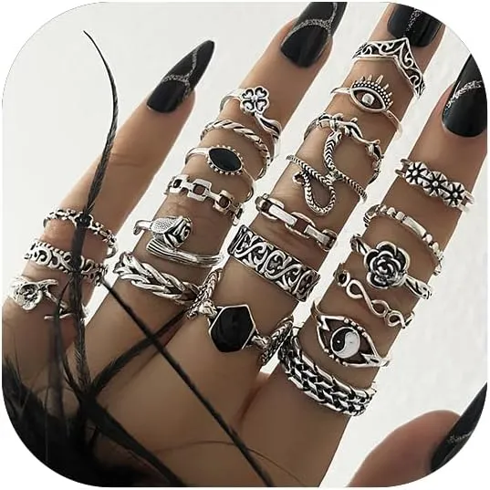 Rrdaily Vintage Knuckle Rings for Women Chunky Black Silver Ring Set Adjustable Finger Stackable Rings Goth Punk Grunge Snake Ring Boho Y2k Accessories Jewelry