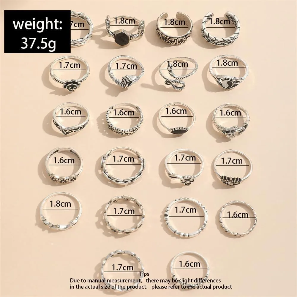 Rrdaily Vintage Knuckle Rings for Women Chunky Black Silver Ring Set Adjustable Finger Stackable Rings Goth Punk Grunge Snake Ring Boho Y2k Accessories Jewelry