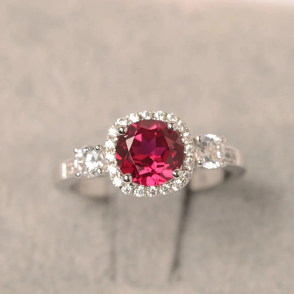 Ruby Round Cut Halo Ring - 925 Sterling Silver RIng