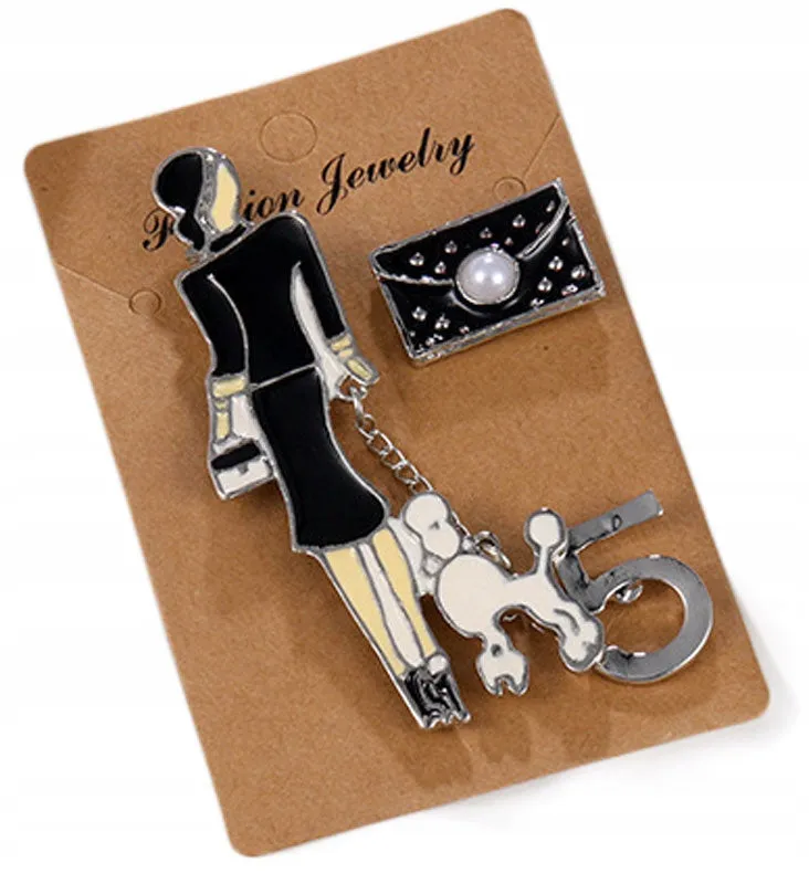 Set of 3 Brooches - Girl with a Dog, Five Symbol and Black Handbag