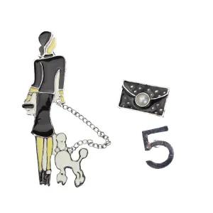 Set of 3 Brooches - Girl with a Dog, Five Symbol and Black Handbag