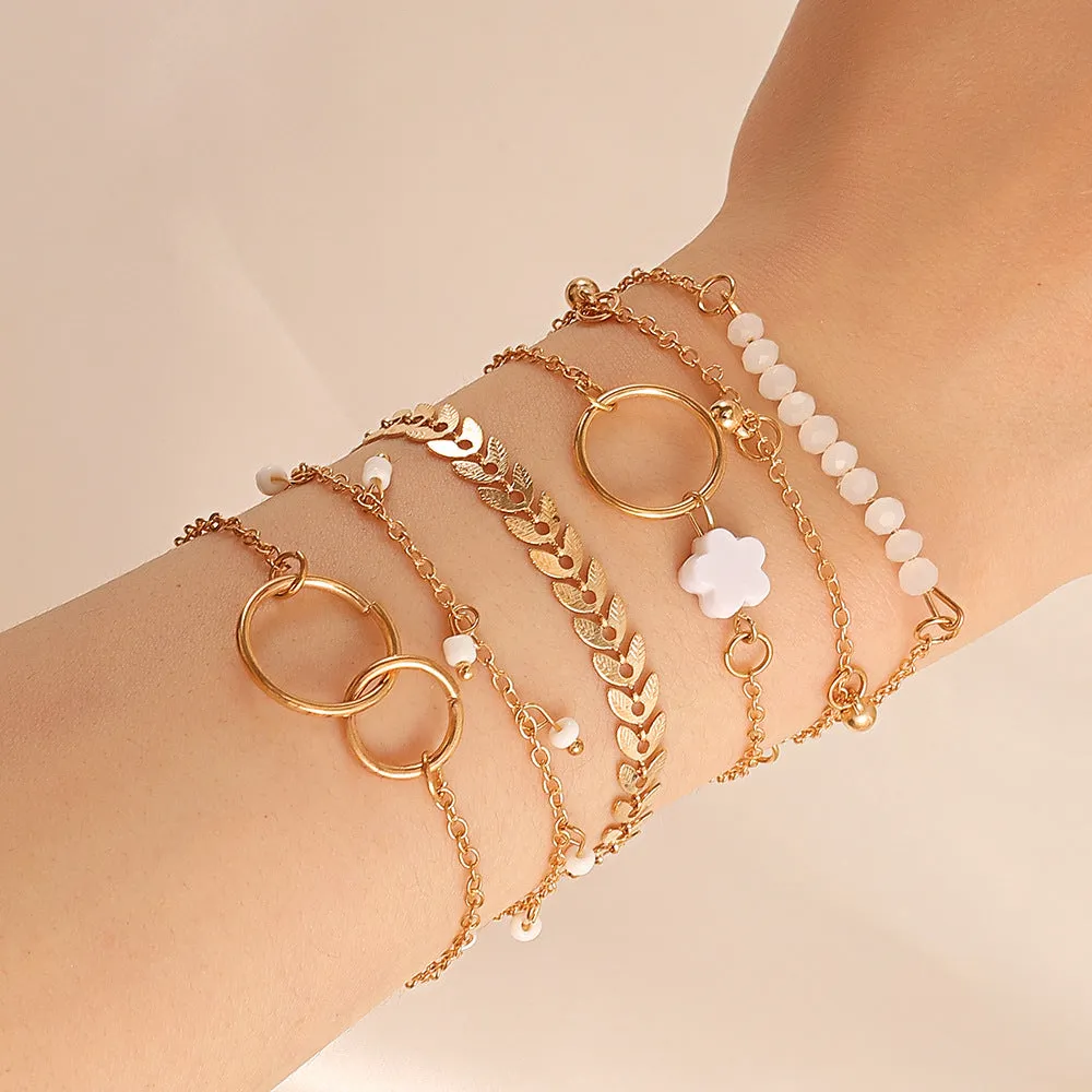 Simple Geometric Flower Tassel Leaves Circle Bracelet Set