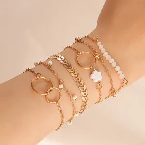 Simple Geometric Flower Tassel Leaves Circle Bracelet Set