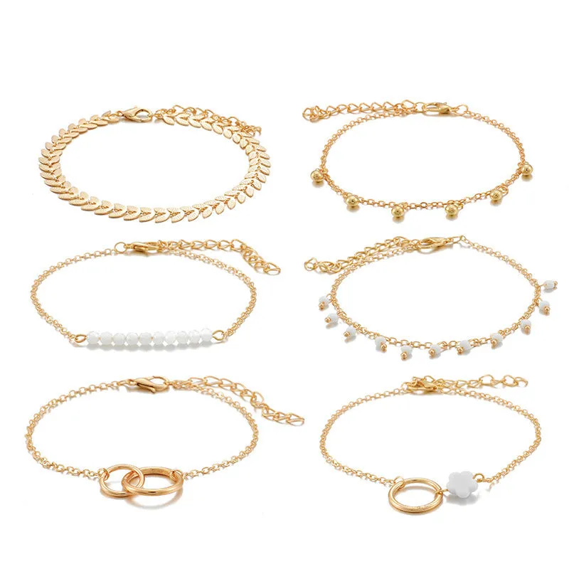 Simple Geometric Flower Tassel Leaves Circle Bracelet Set