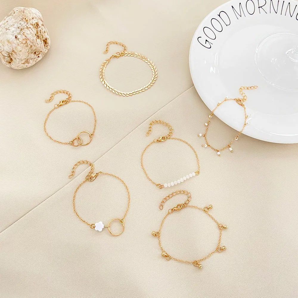 Simple Geometric Flower Tassel Leaves Circle Bracelet Set