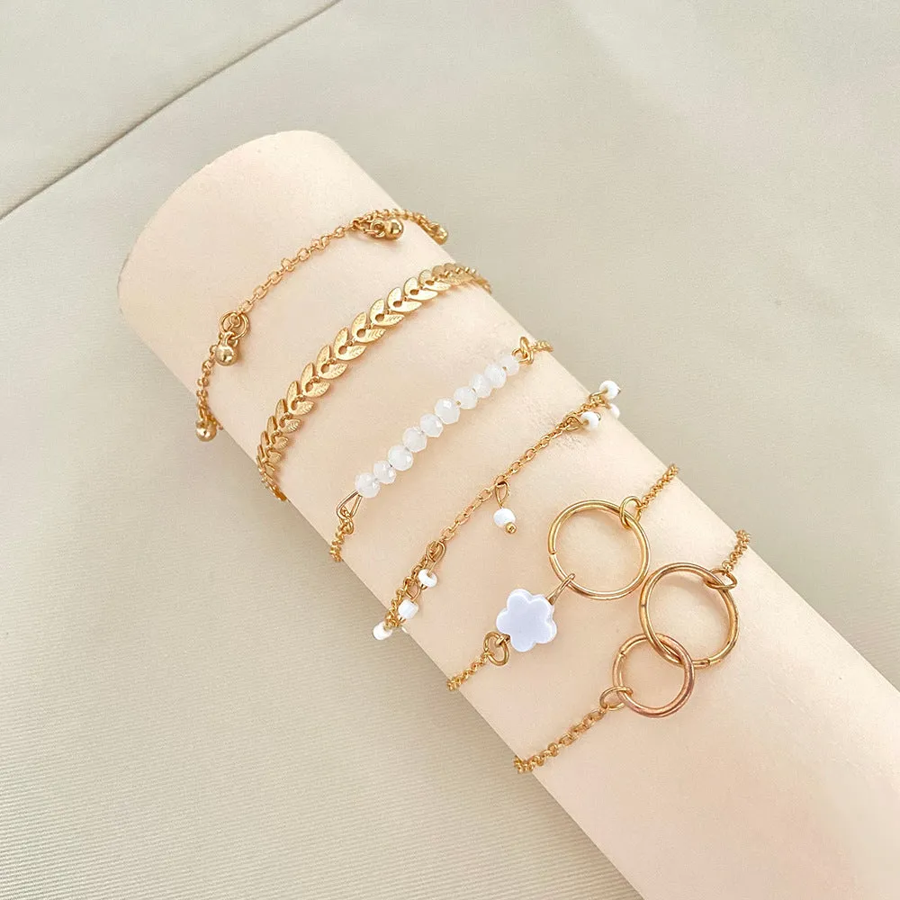 Simple Geometric Flower Tassel Leaves Circle Bracelet Set