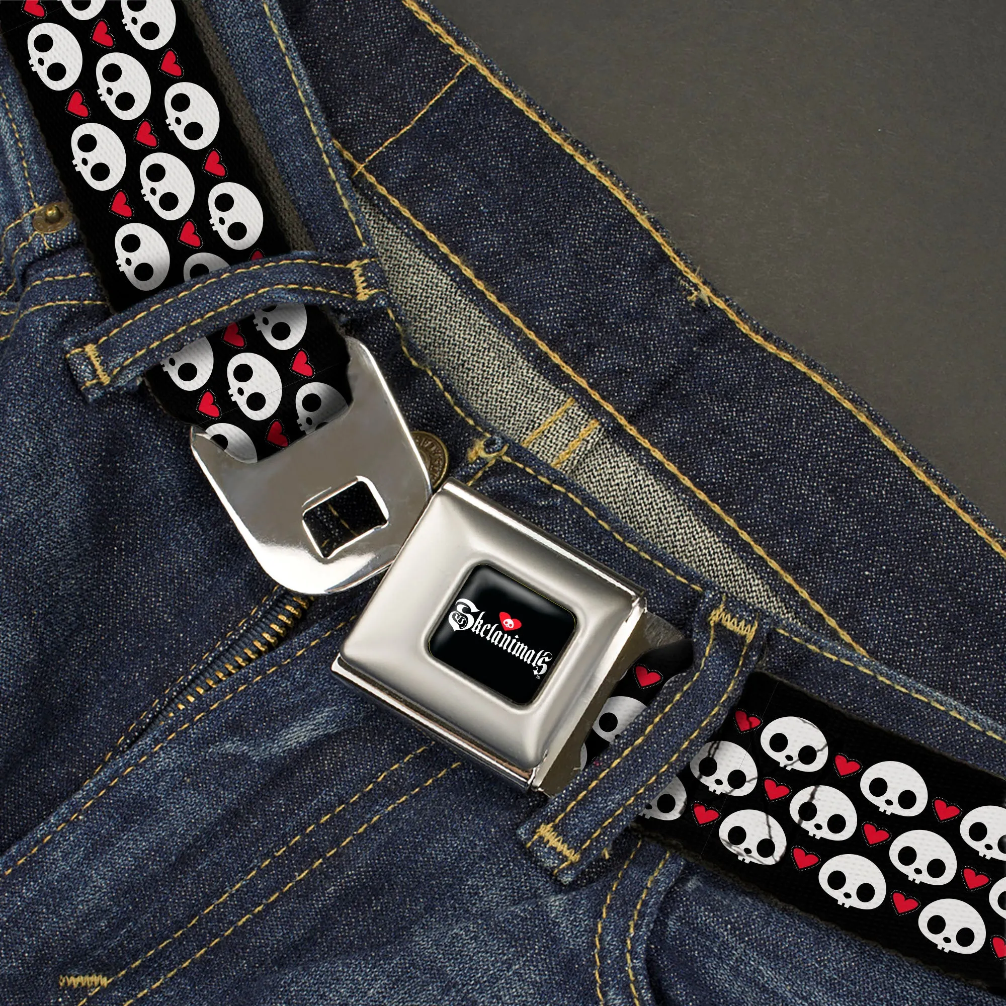 SKELANIMALS Title Logo Full Color Black/White/Red Seatbelt Belt - Skelanimals Face Logo and Heart Black/White/Red Webbing